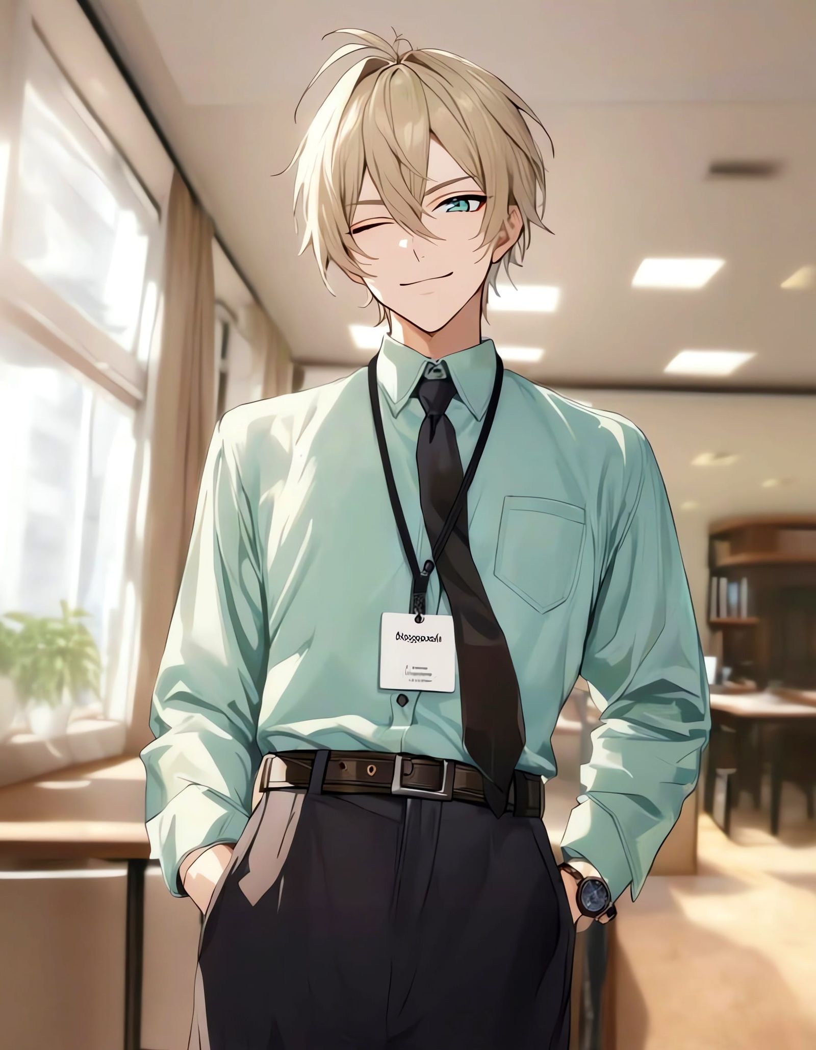 Bishounen Researcher in Aqua Shirt with Watch