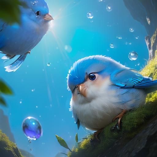 Chibi Bluebirds in a Spring Landscape