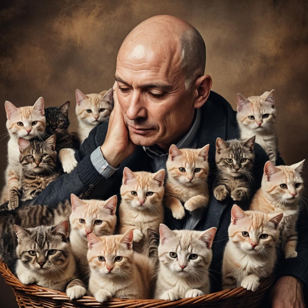 Bald Man Rubs Head on Cats: DSLR Photography