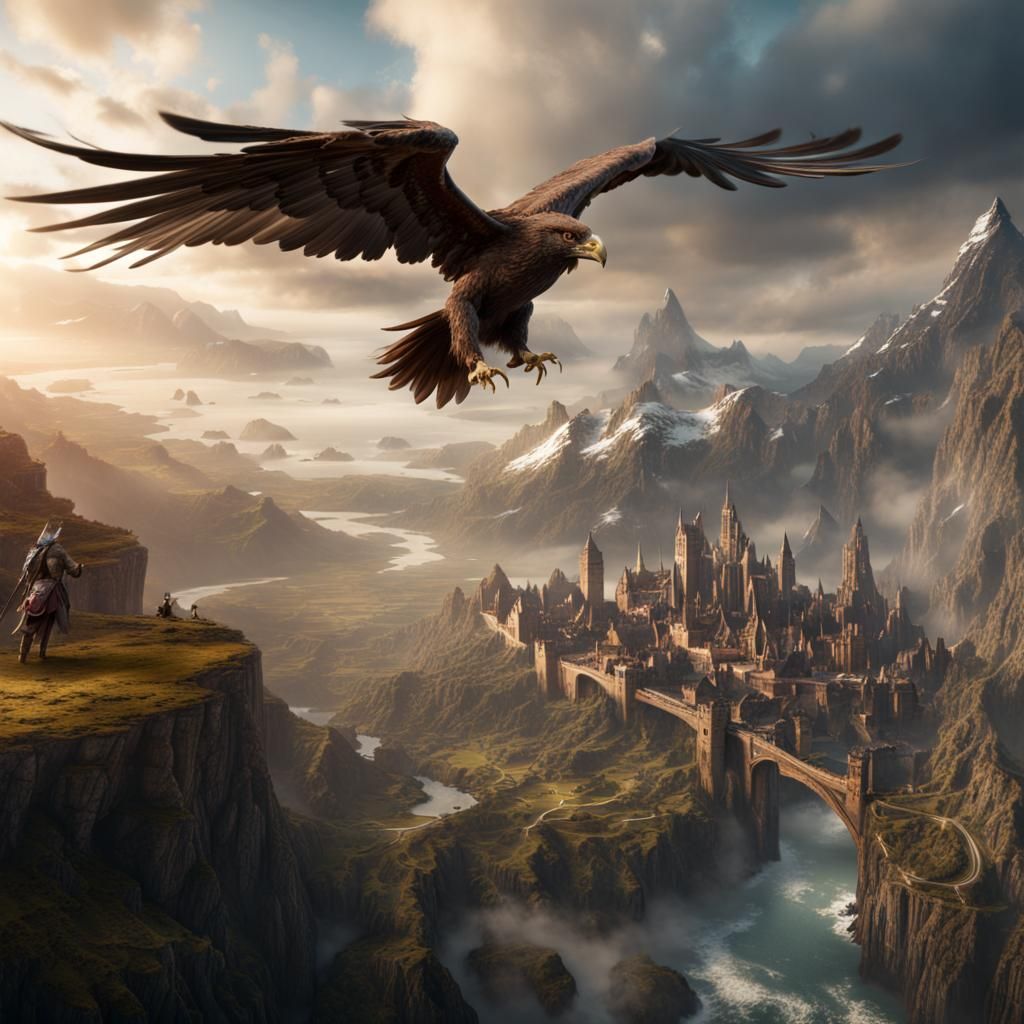 Giant Eagle Flying in Middle Earth: Detailed Matte Painting