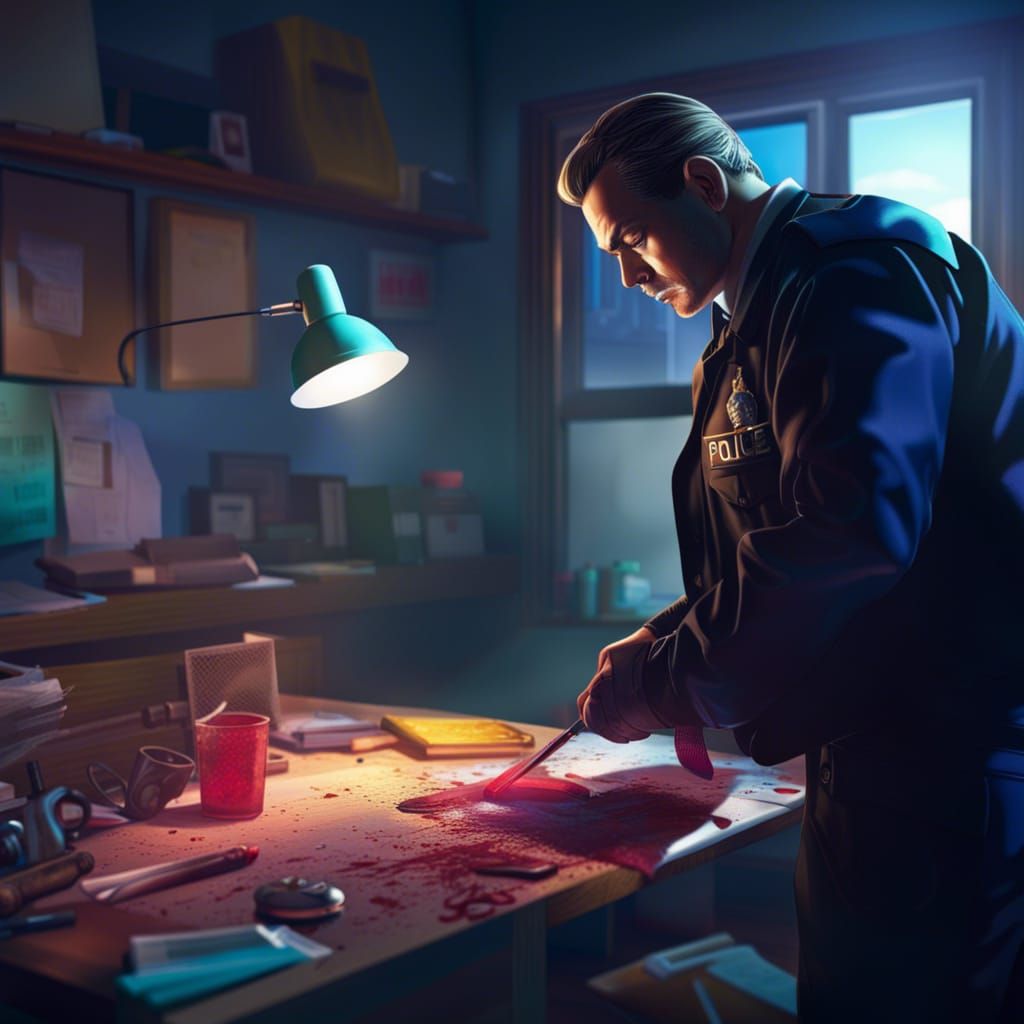 Police detective investigating evidence at a crime scene in ...