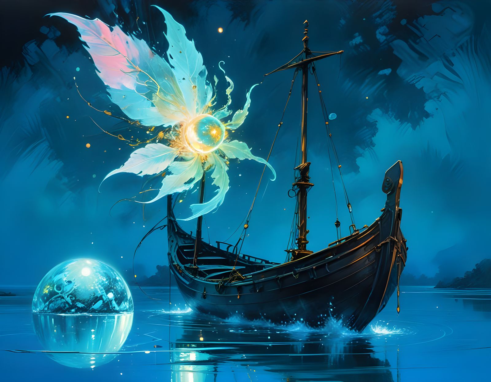 Bioluminescent Landscape with Reflections as Impasto Paintin...