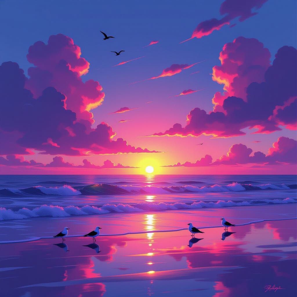 Dreamy Neon Sunset Over Ocean with Glowing Clouds