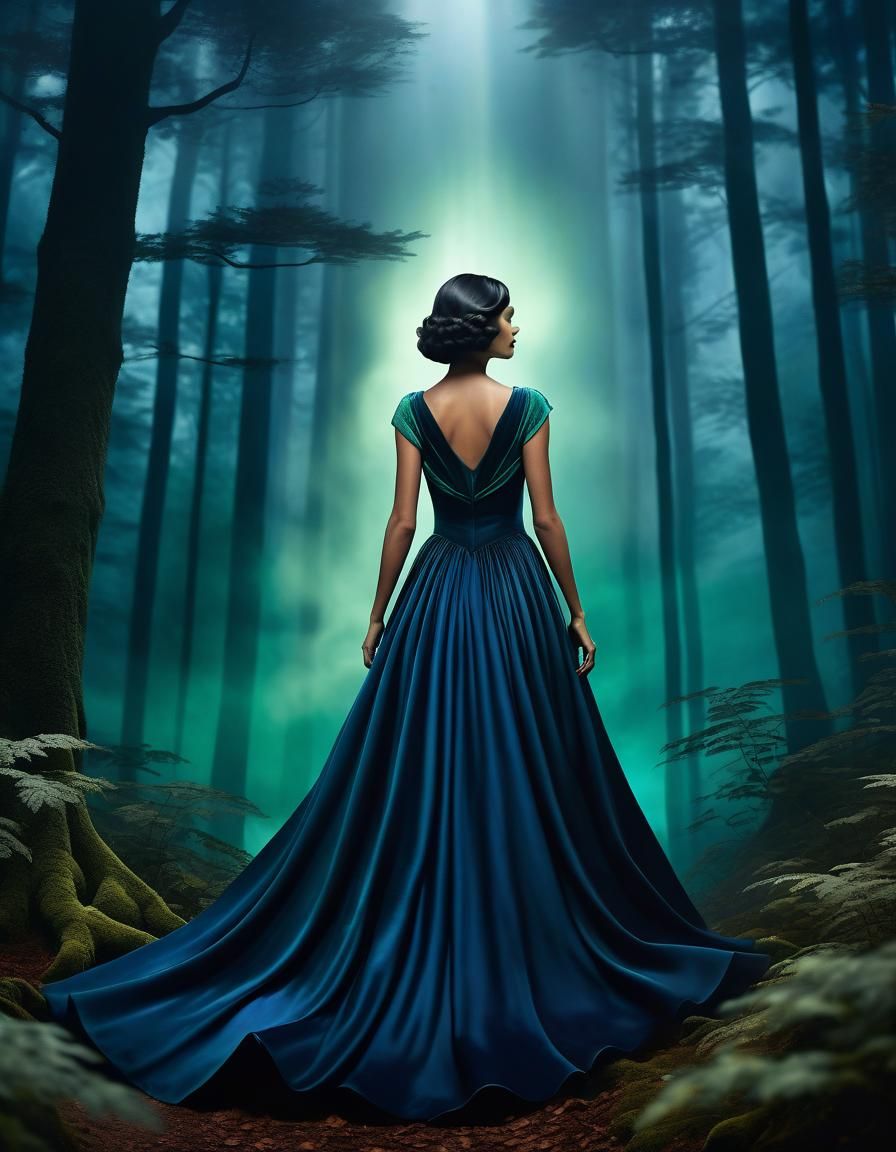 Art Deco Woman in Misty Forest with Volumetric Lighting