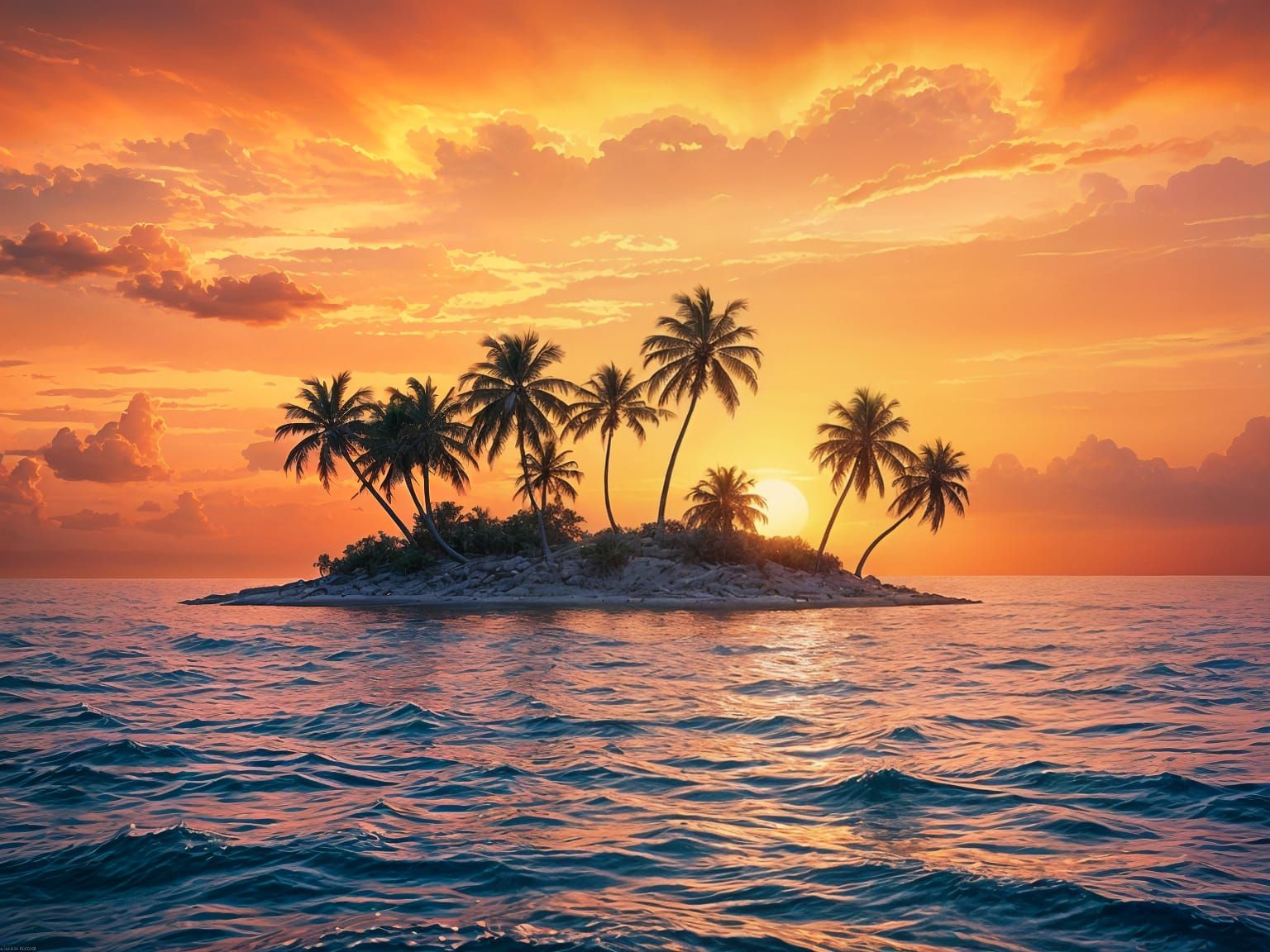 Lonely Island Sunset in Watercolor Art Style