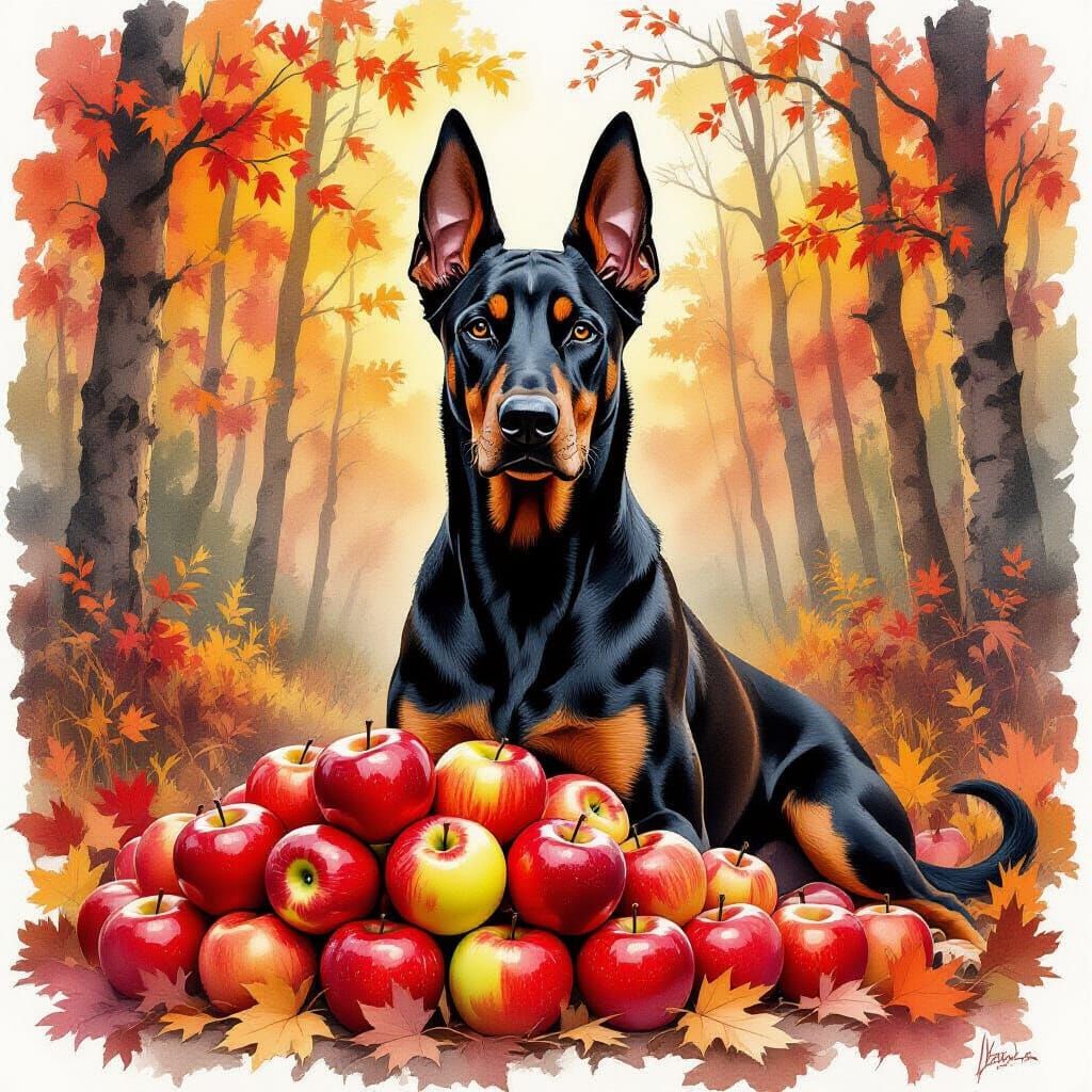 Doberman Guarding Apples in Autumn Forest