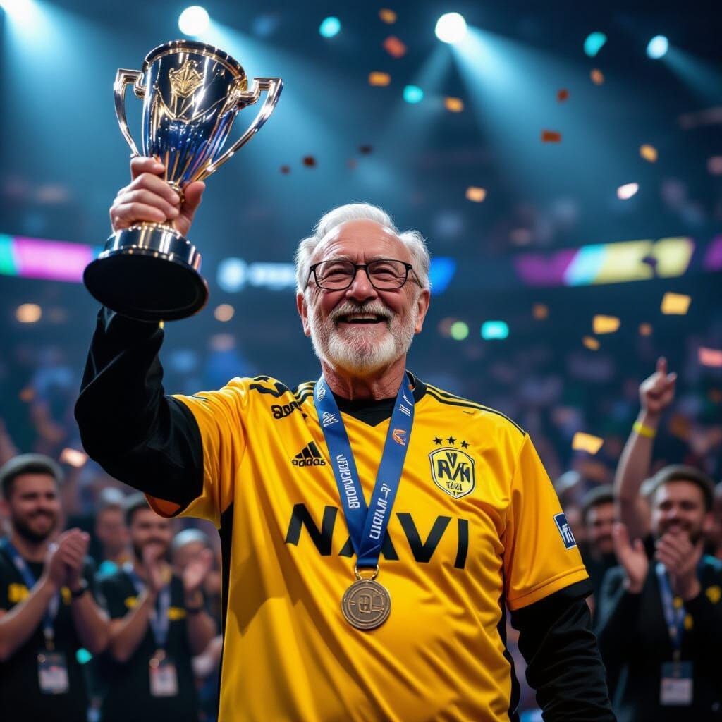Joyful Elderly Man Celebrates Esports Victory