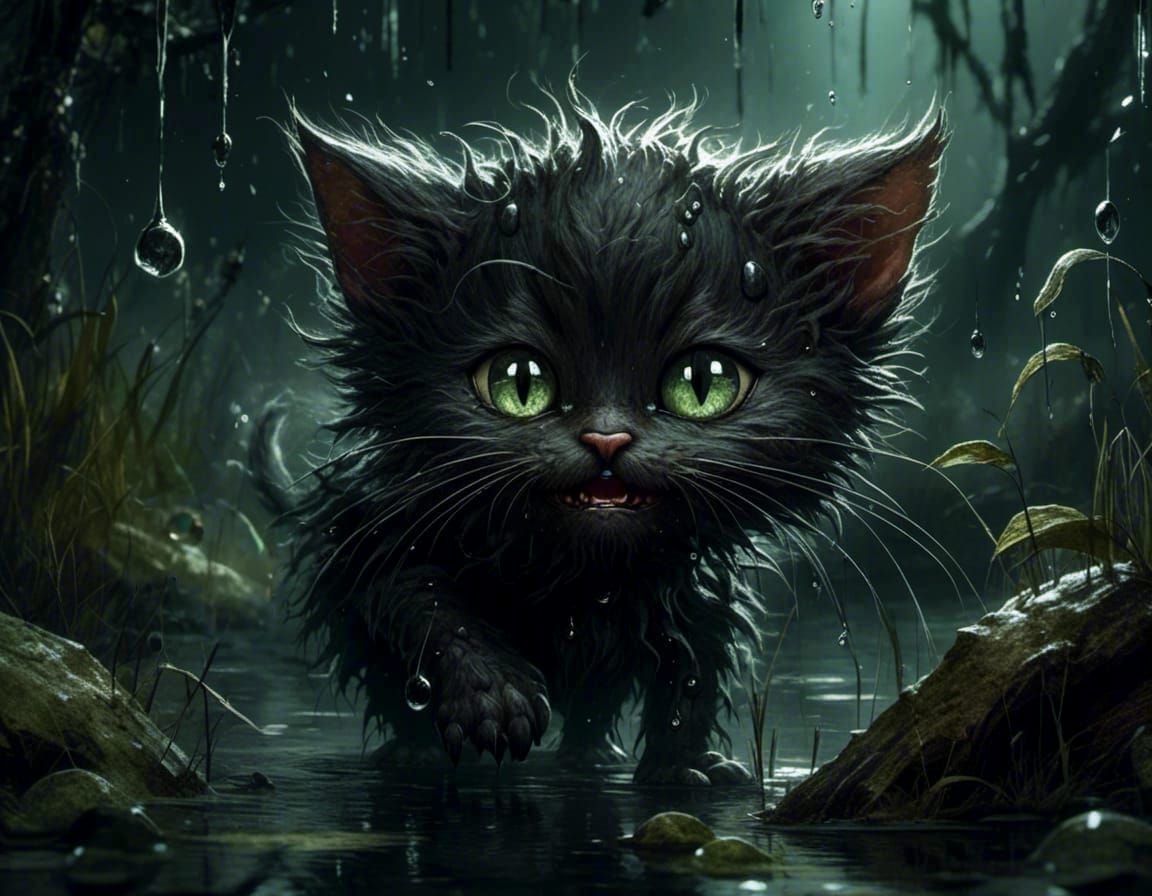 Sleek Black Cat and Swamp Monster Hyperrealistic Masterpiece