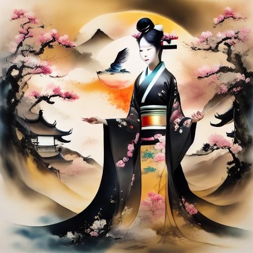 Japanese Woman in Kimono: Chinese Ink Painting