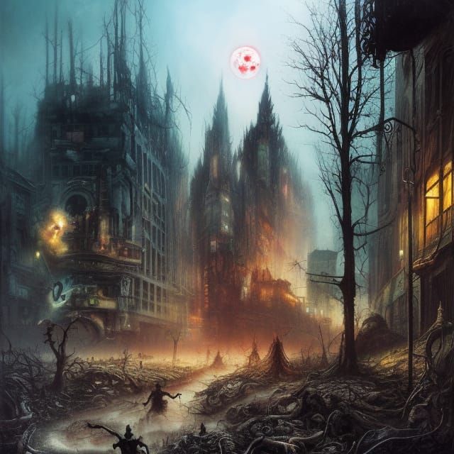 Zombie in Chaotic Cityscape: Hyper-Realism Horror