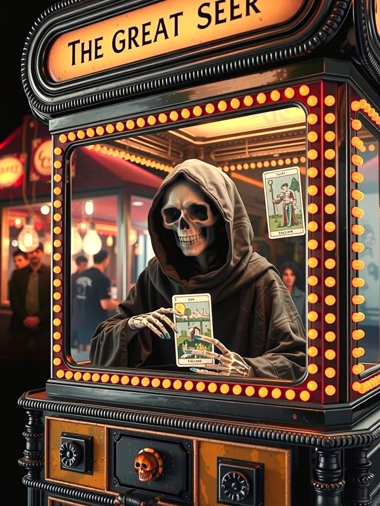 Retro Fortune Teller Machine with Grim Reaper Mannequin