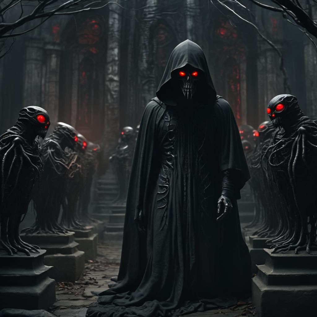 Dark Hooded Figure Surrounded by Gnarled Creatures
