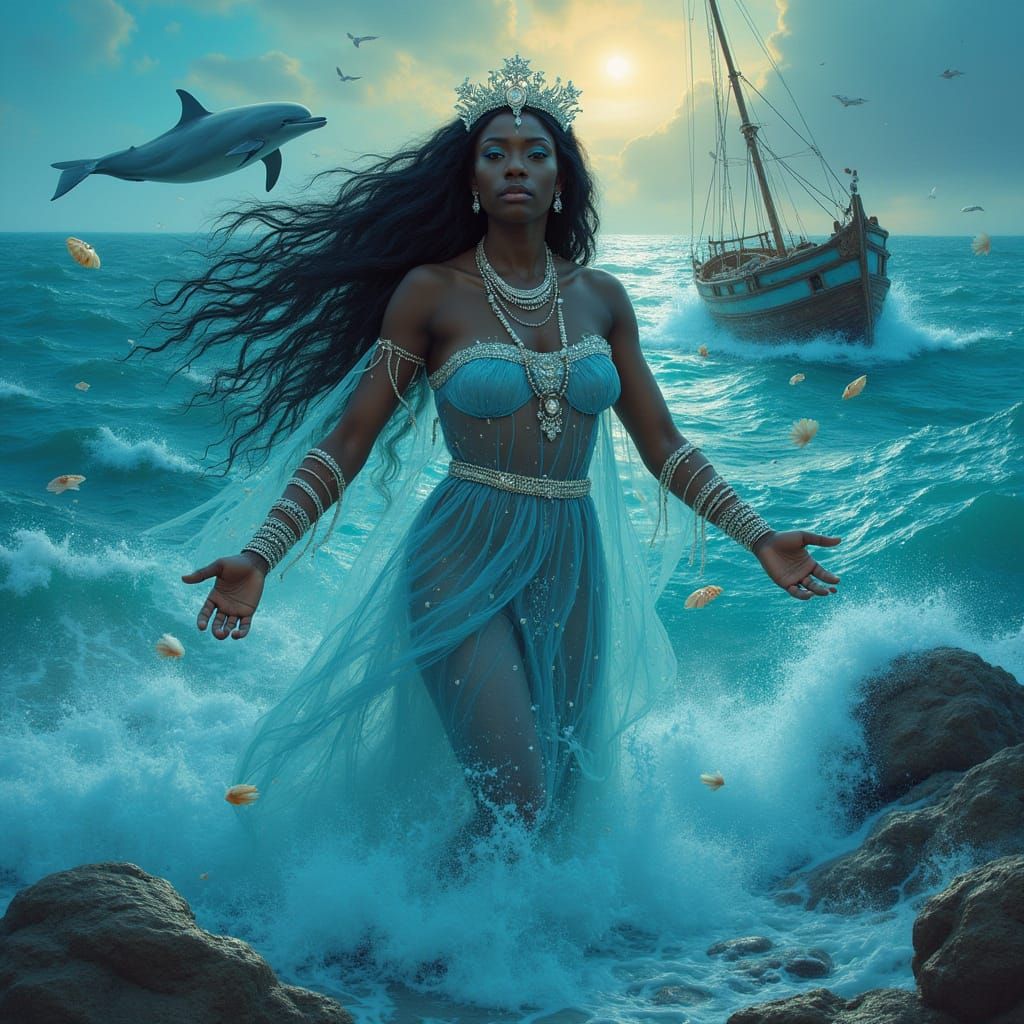 Majestic Goddess of the Turquoise Sea in Cosmic Splendor