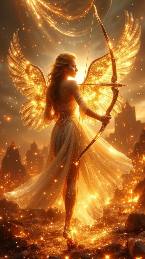 <lora:Exquisite Flux:1.0> A radiant celestial archer, her fo...