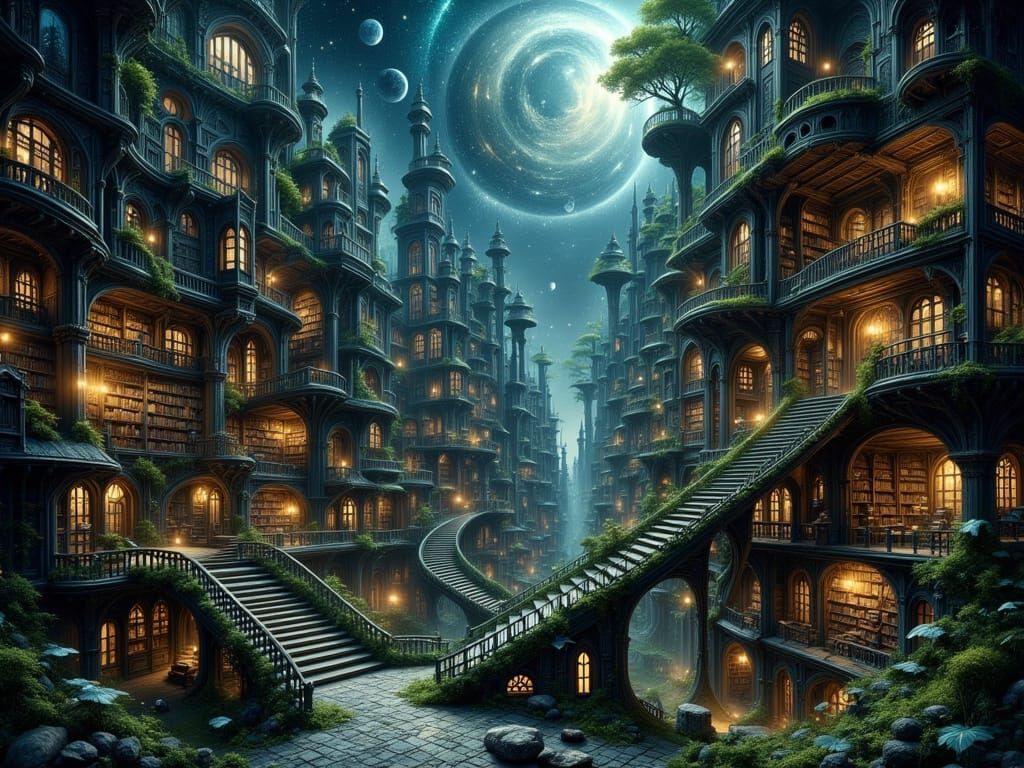 Epic Fantasy Library Under Starry Night Sky