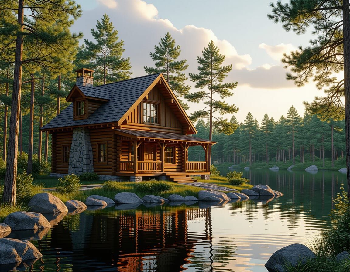 Lakeside Log Cabin in Fantasy Matte Painting Style