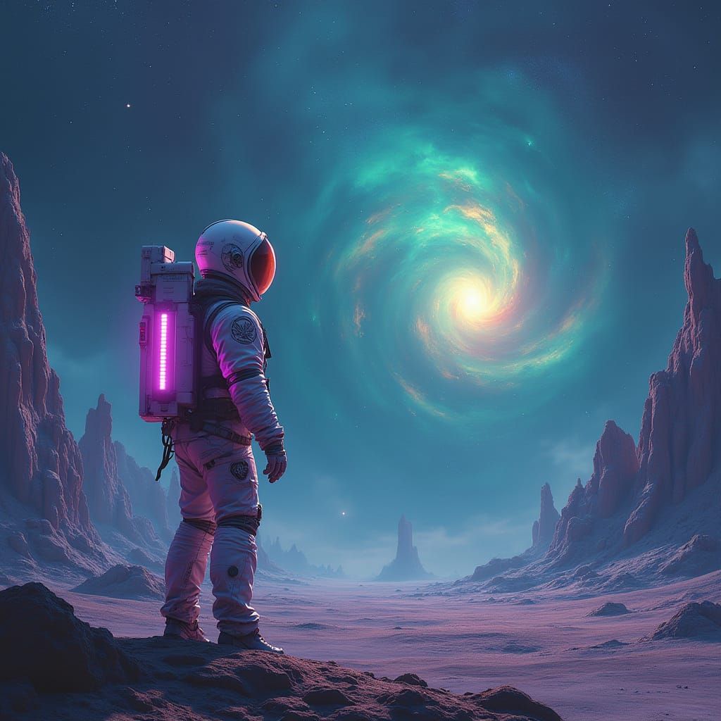 Astronaut on Alien Planet in Cosmic Surrealism
