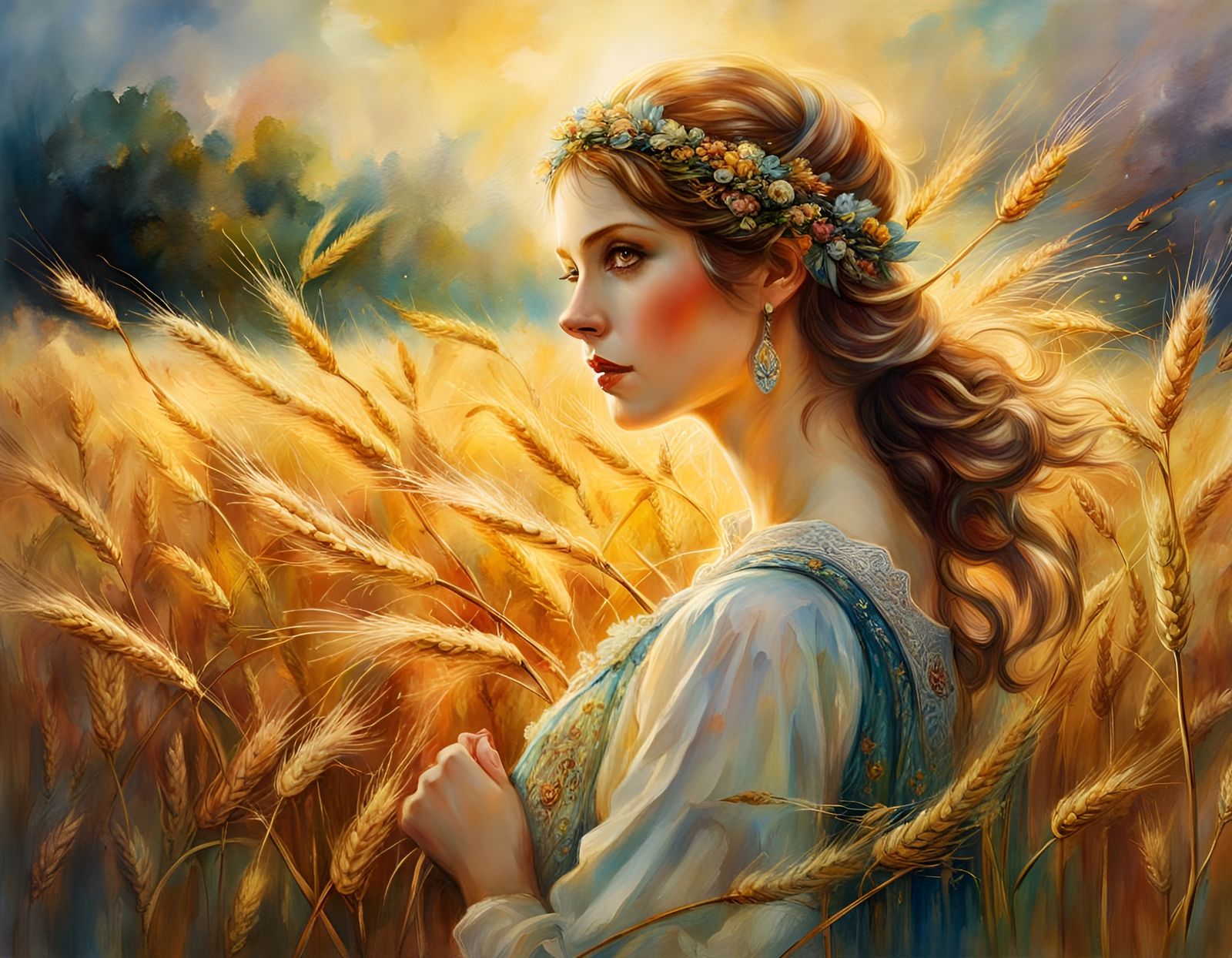 Golden Wheat Field with Woman in Watercolor Style