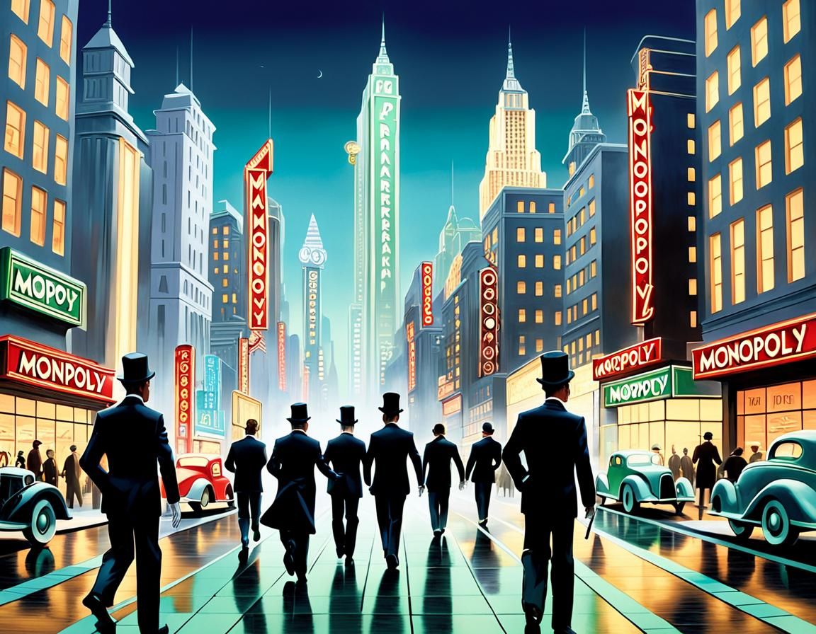 Monopoly Cityscape with Game Pieces and Art Deco