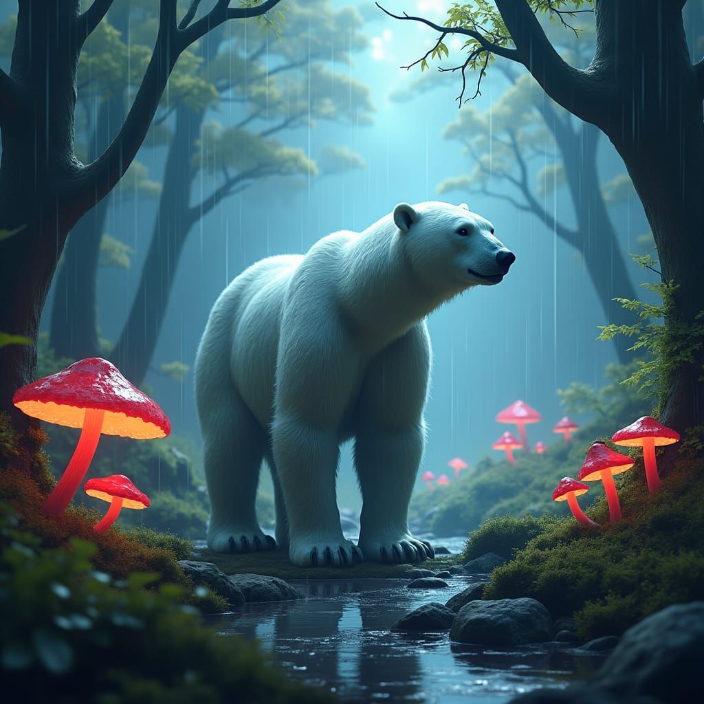 Polar Bear in Mystical Rainforest: Digital Art
