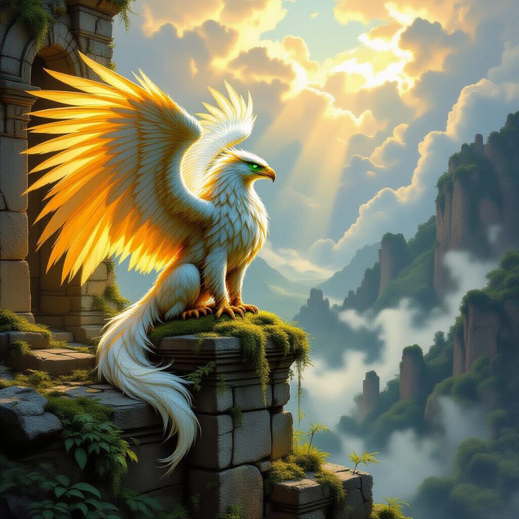 Griffin Perched on Ancient Ruin in Golden Light