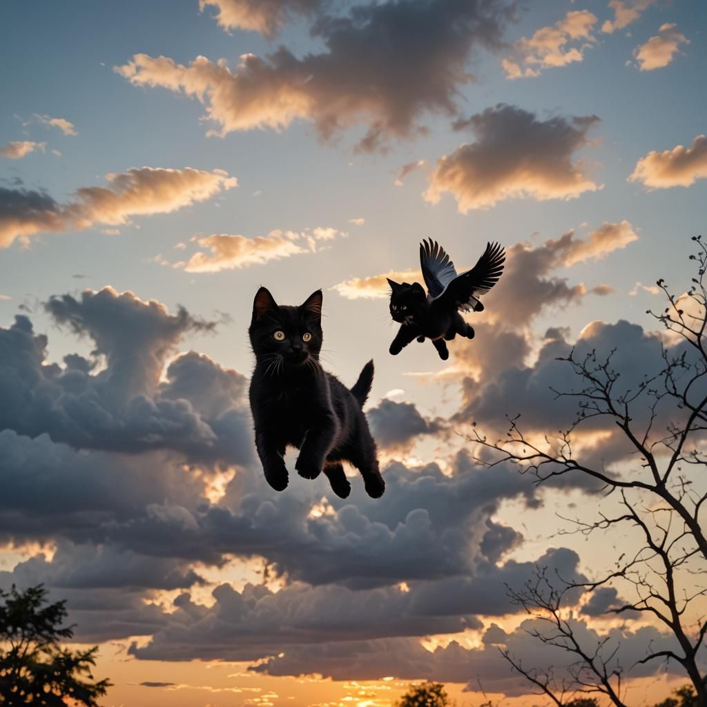 Kitten with Wings Flying at Sunset: Digital Photography