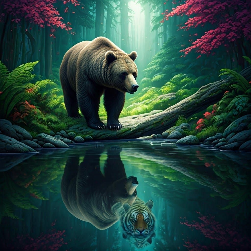 Bear by Stream Reflecting Tiger: Fantasy Concept Art