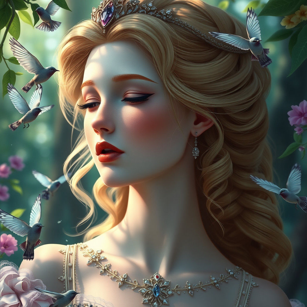 Princess Aurora Sings in Forest, Dreamlike Realism