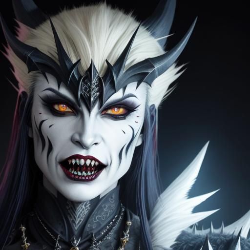 A gleeful and striking shapeshifter vampire, equipped with sharp talons and piercing, radiant, pale eyes, boasting massi...