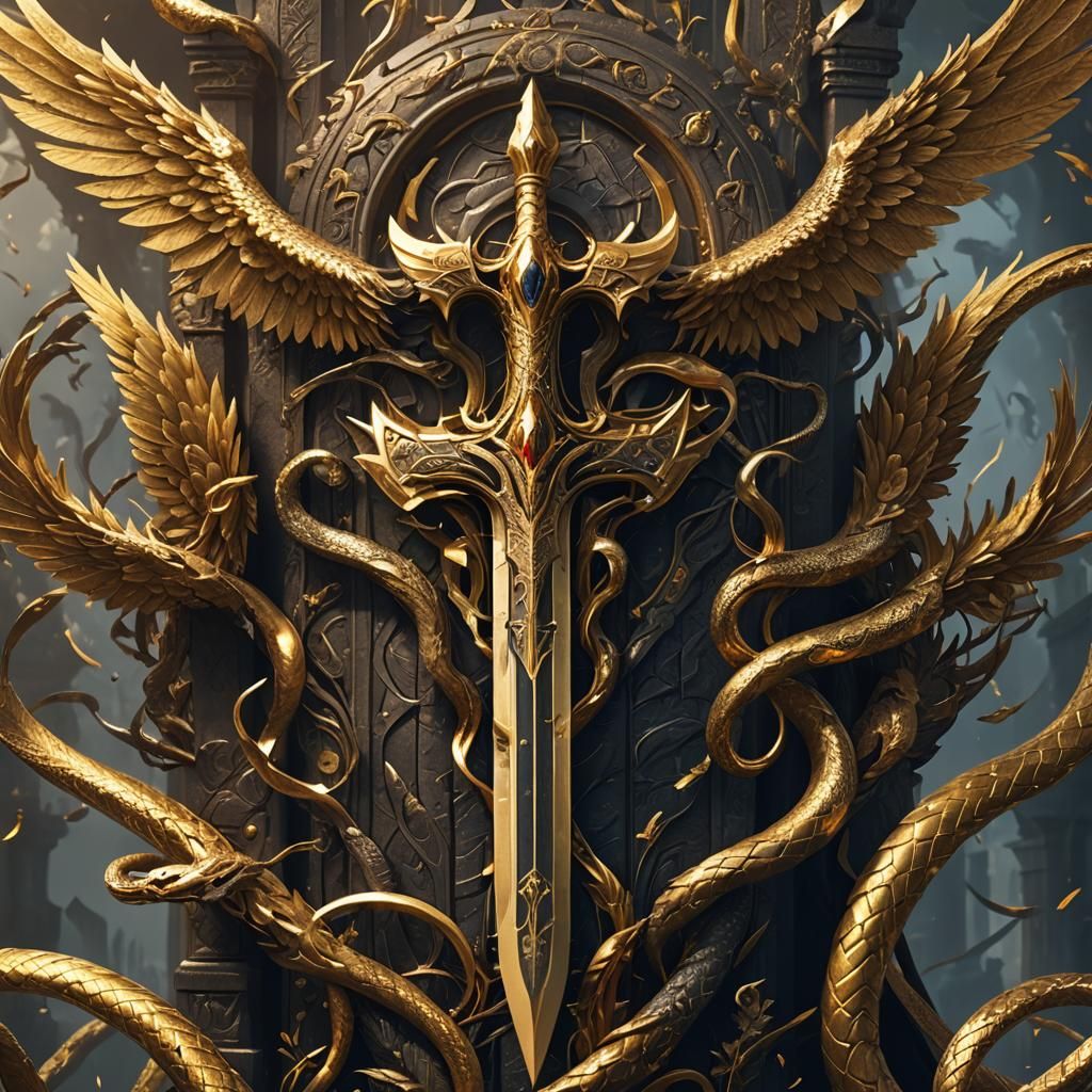 Golden Sword and Winged Serpent Fantasy Art
