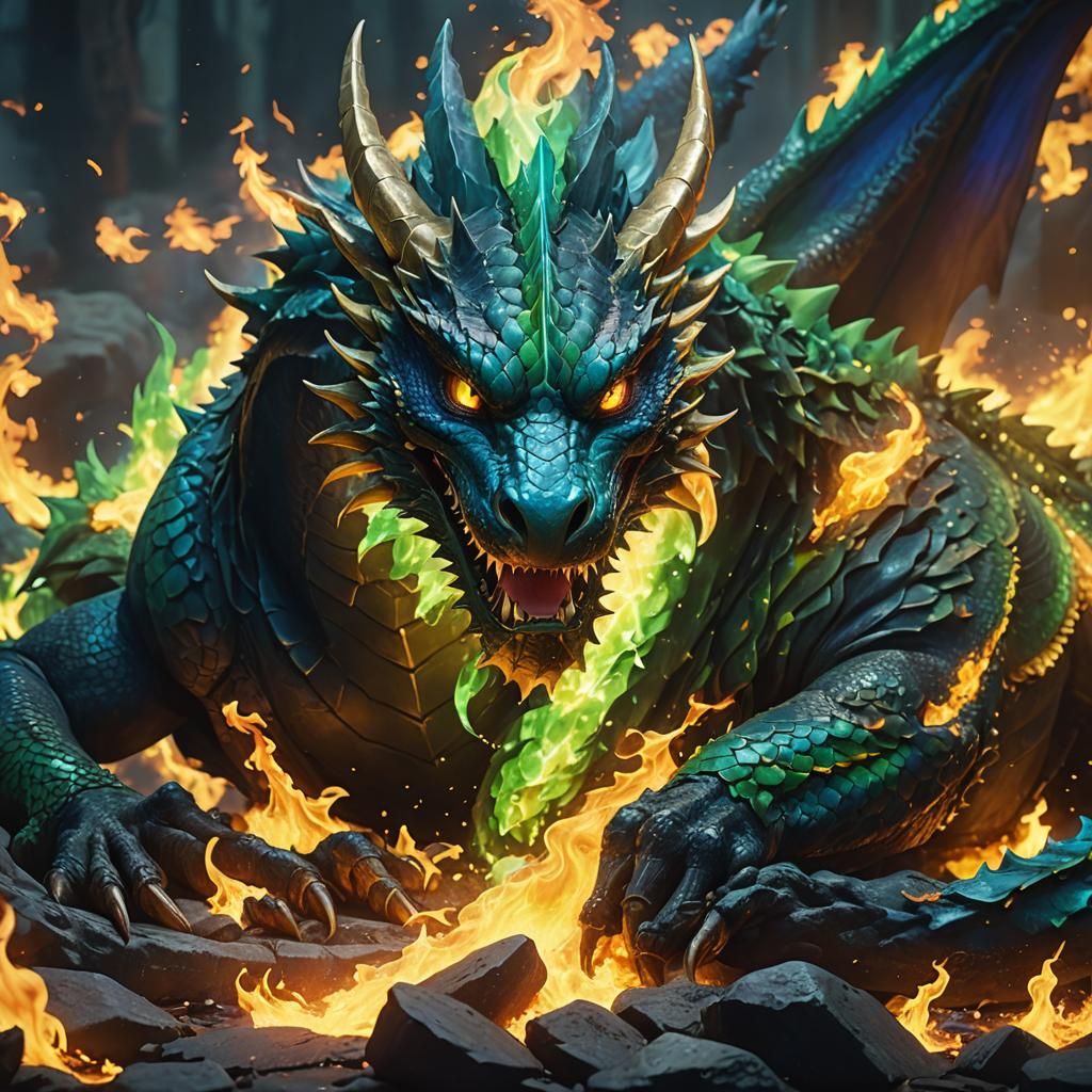 Dragon Sleeps in Magical Fire: 3D Anime Art