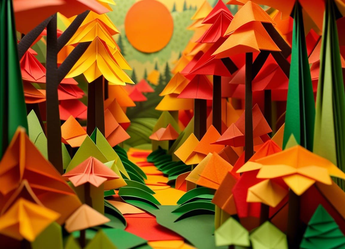 Forest with walkway scene of a landscape made entirely from origami oranges reds yellows & greens like fall
