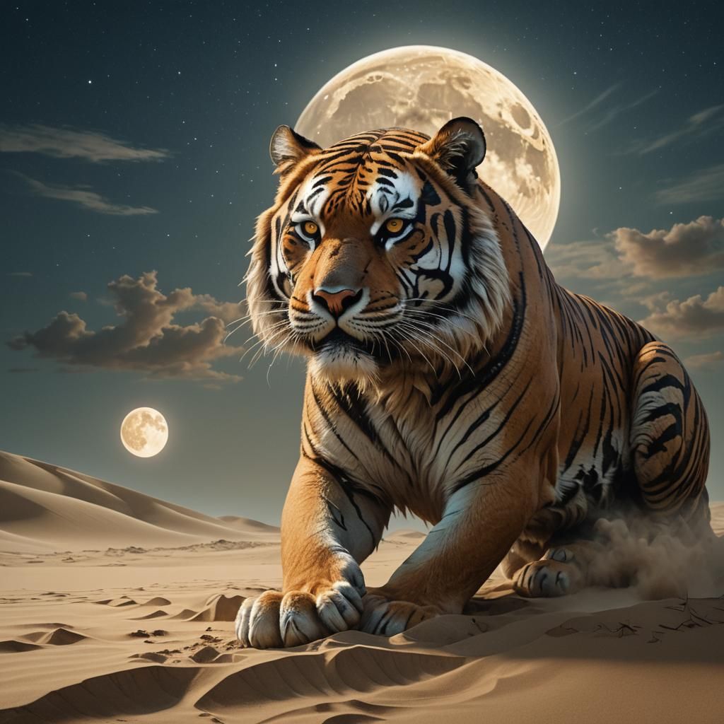 Glowing Sand Tiger Under Moonlight, in Surreal Style