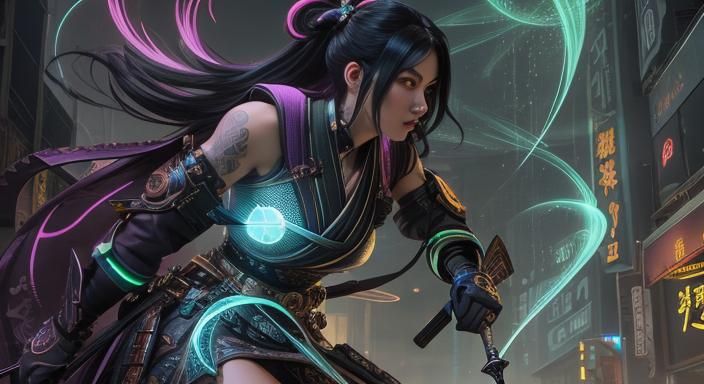 Neon Ukiyo-e Woman Warrior with Sword