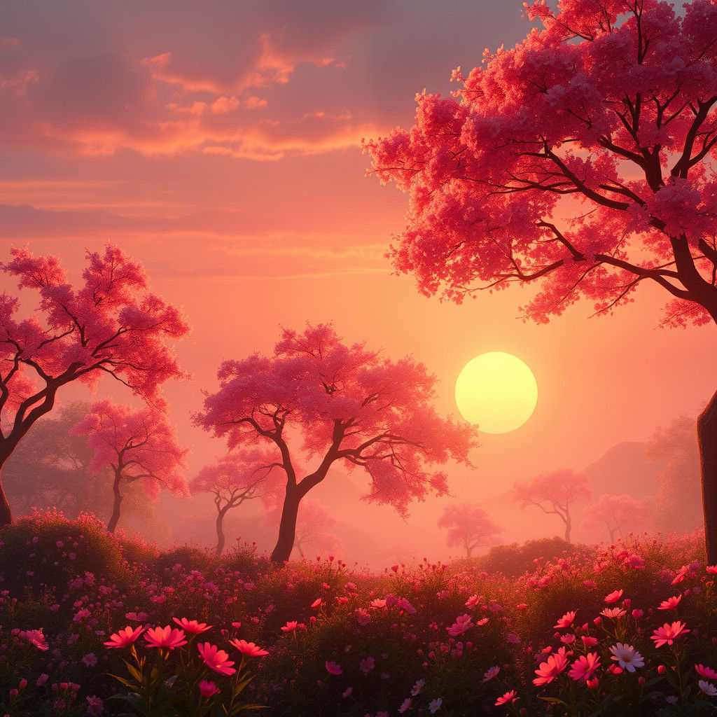 Serene Asian Sunset Landscape with Lush Trees