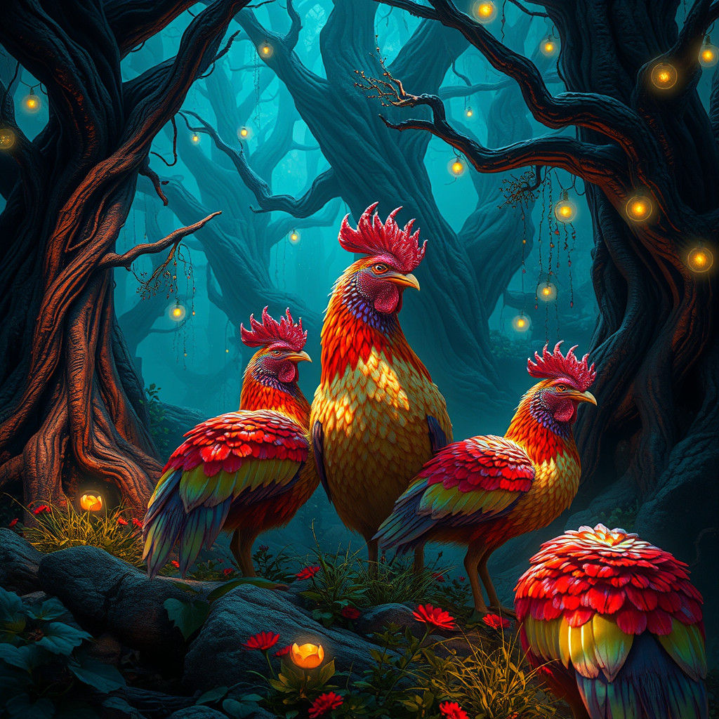 Iridescent Chickens in Mystical Forest: Digital Art