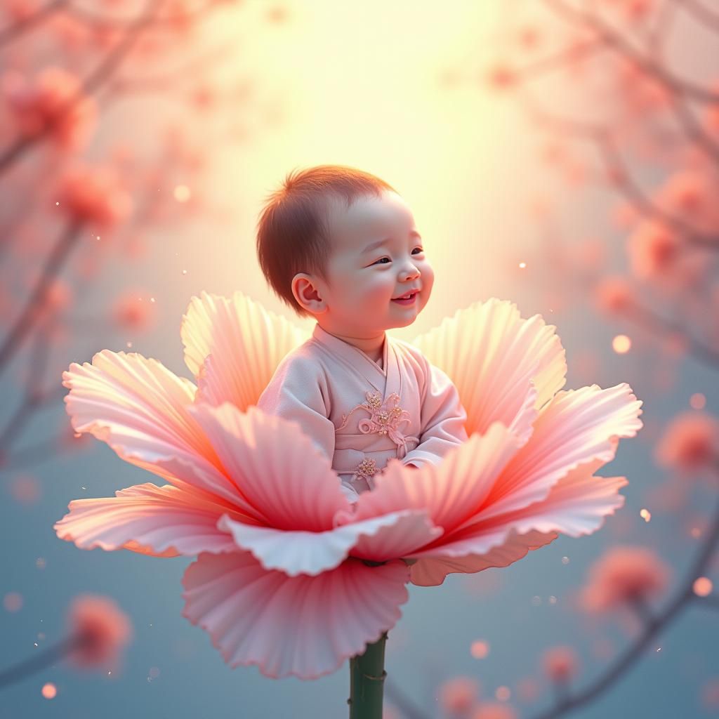 Newborn in Korean Hibiscus Bloom Under Aurora Sky