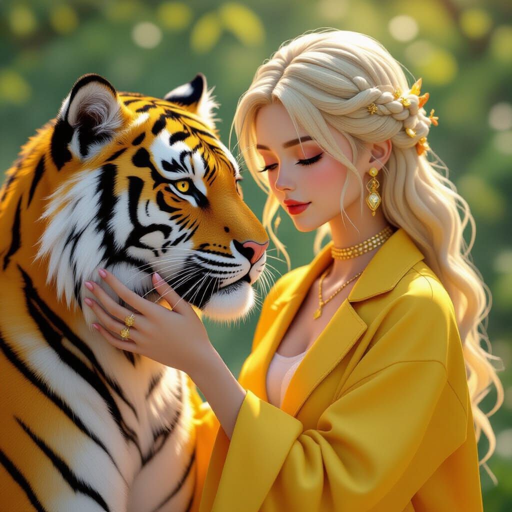 Woman With Yellow Hair Touches Tiger in 3D Anime Style