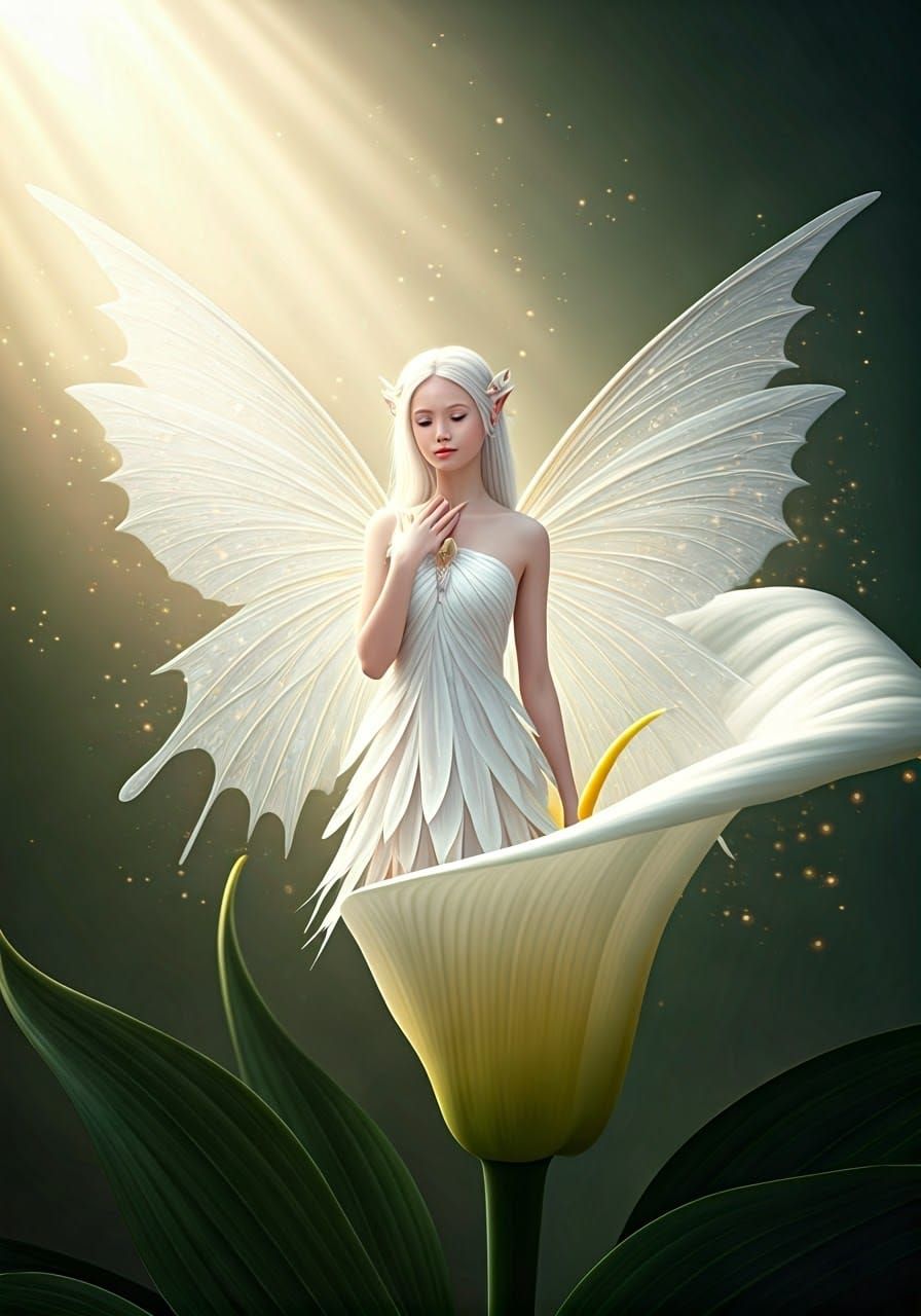Albino Fairy in Lily, Ethereal Digital Art