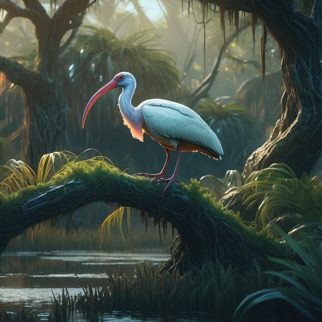 Florida Swamp Ibises in Vibrant Artistic Landscape