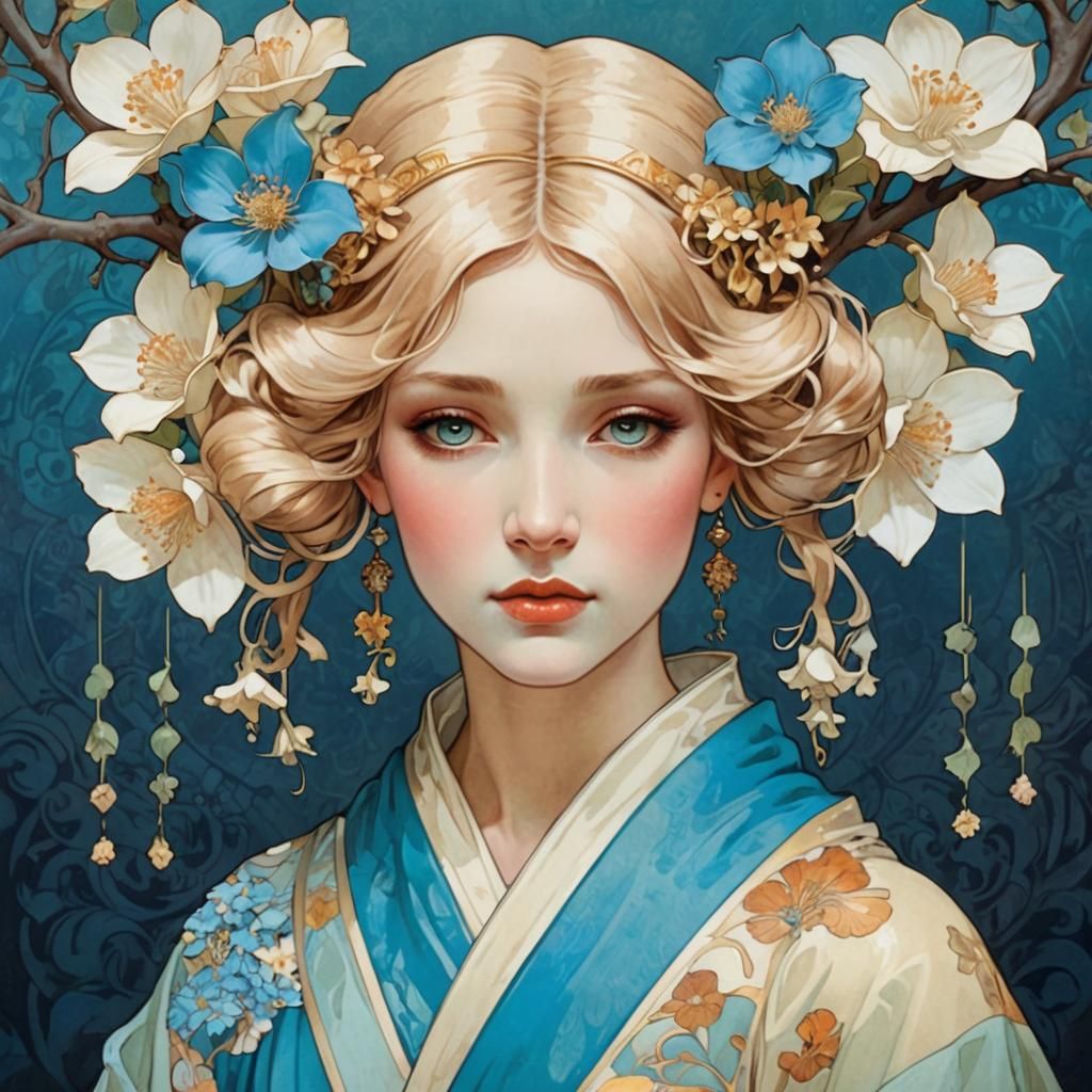 in the style of art nouveau and Alphonse Mucha.