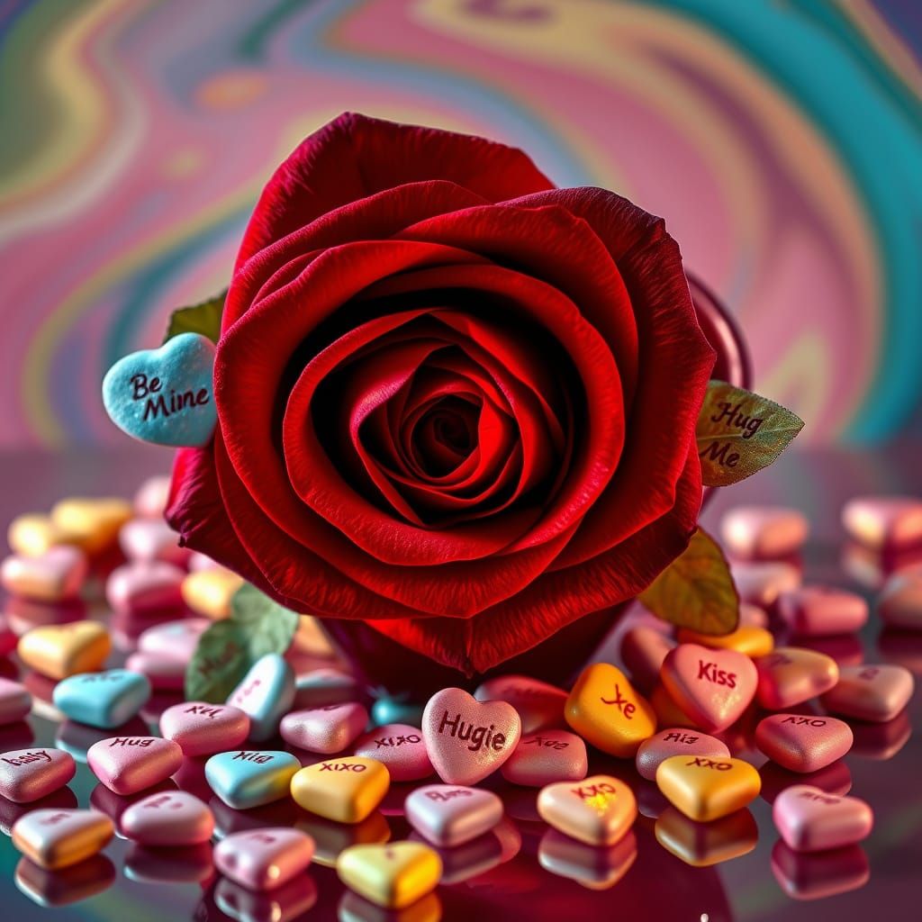 Whimsical Red Rose in Heart-Shaped Vase with Shimmering Cand...