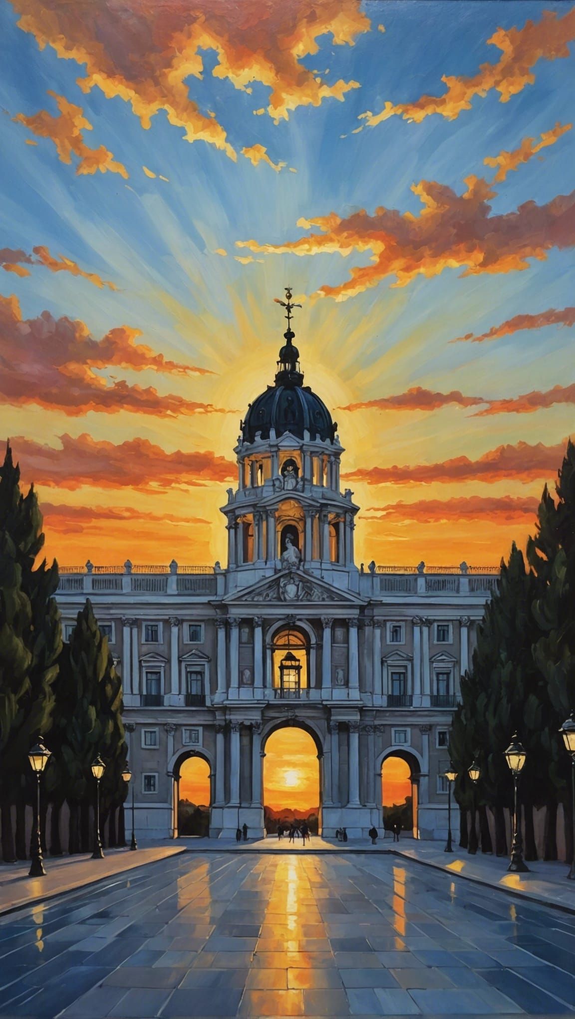 Madrid Royal Palace Sunset in Oil Paint