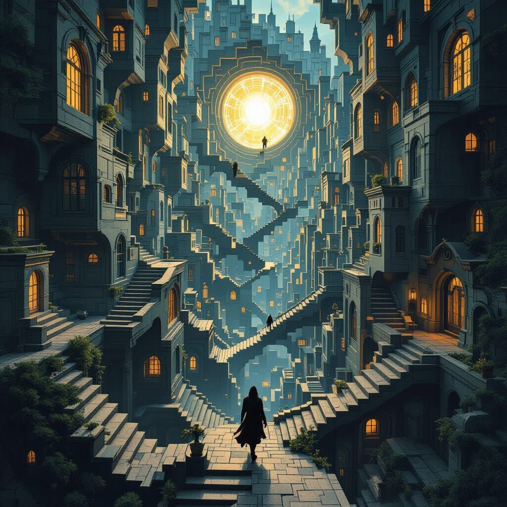 Impossible Escher-esque Cityscape with Art Nouveau Flair