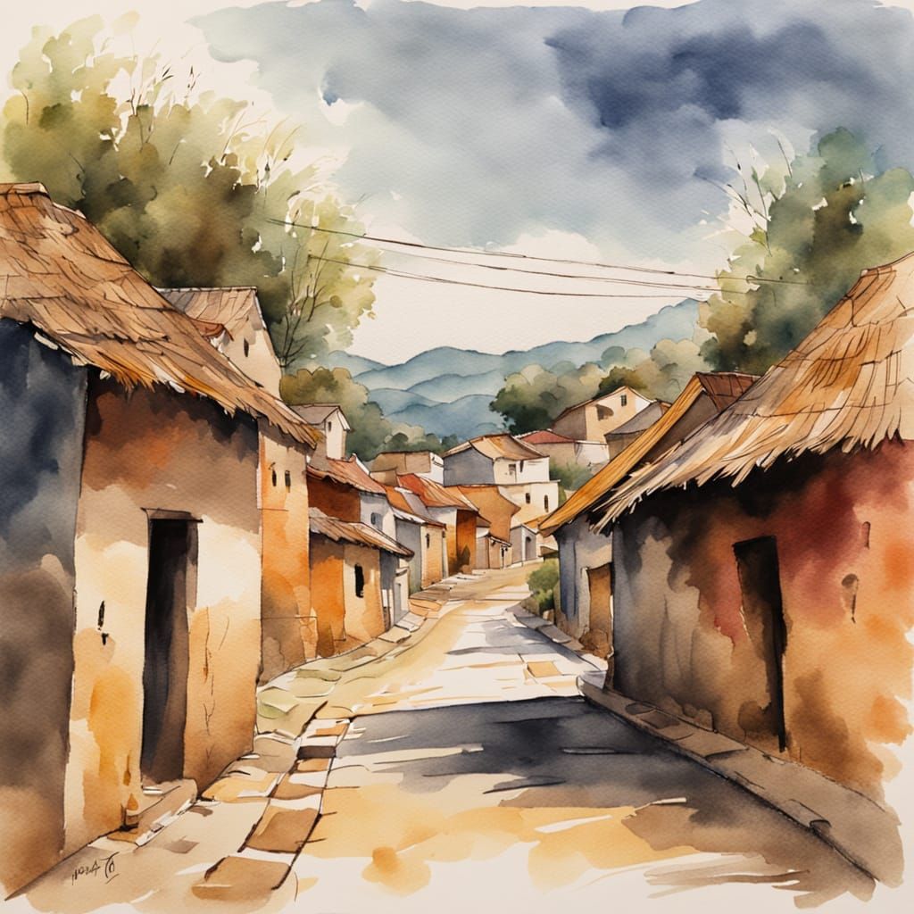Captivating Watercolor Sketch of Mexican Village Scene