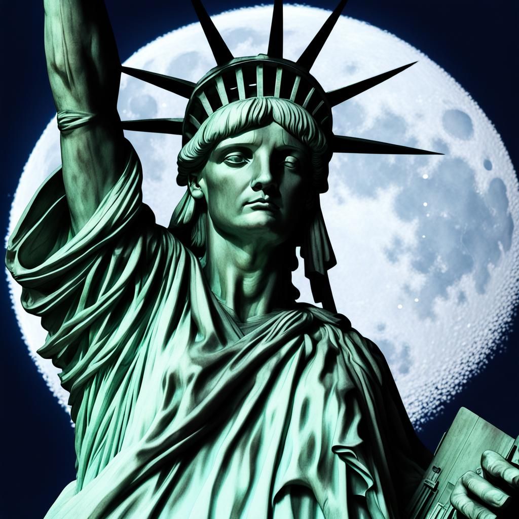 Hyperrealistic Moon Over the Statue of Liberty