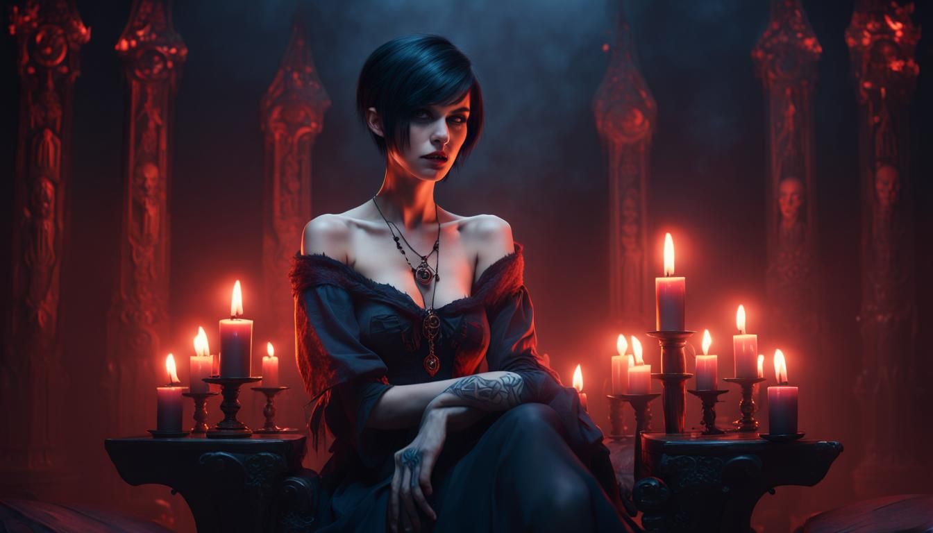 Sensual Brunette Necromancer on Throne: Dark Fantasy Art