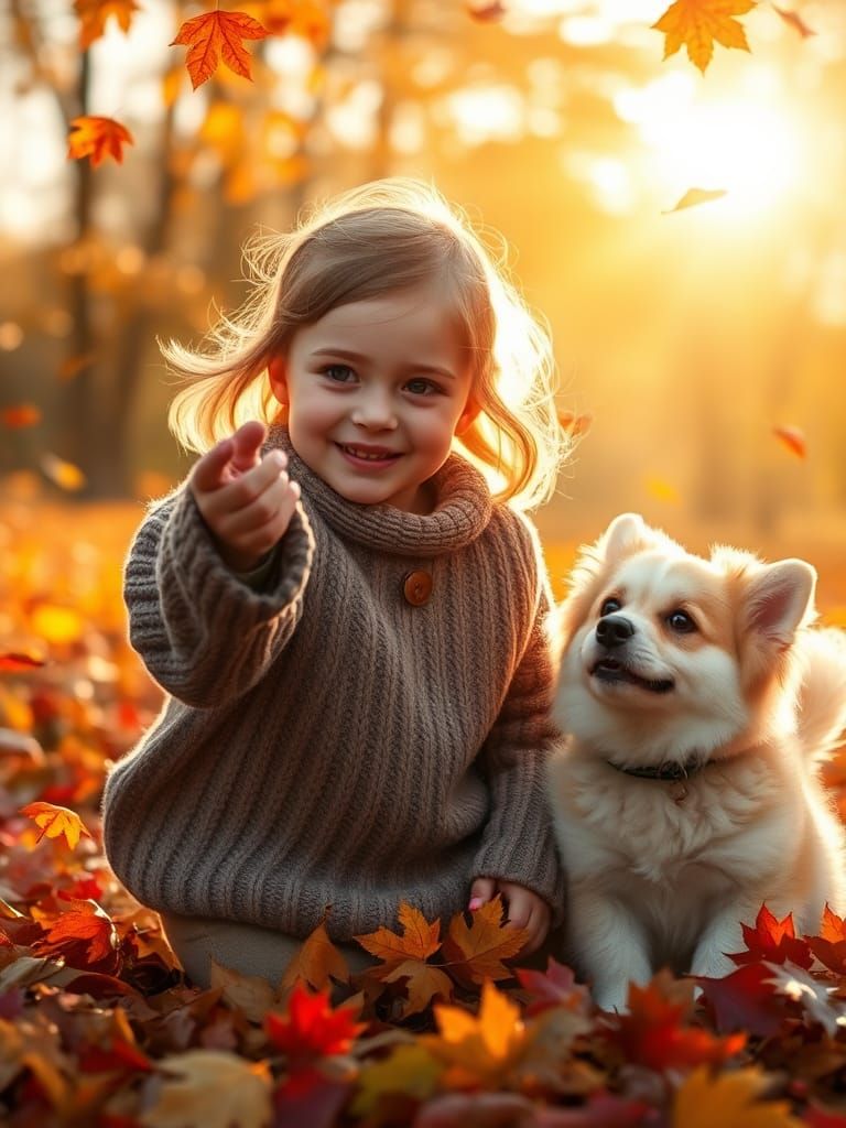 Girl and Dog Play in Autumn Leaves: Digital Matte Painting