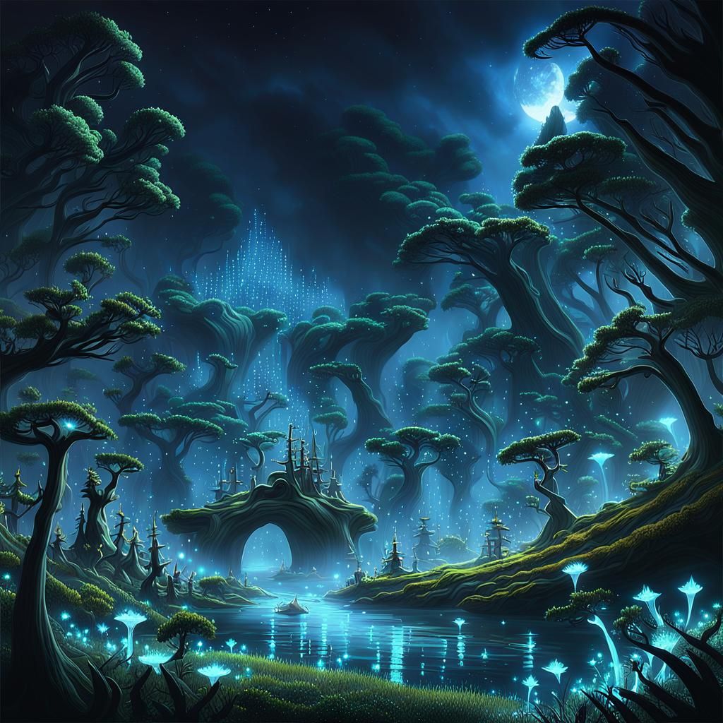 Mystical Glowing Forest in Anime Style