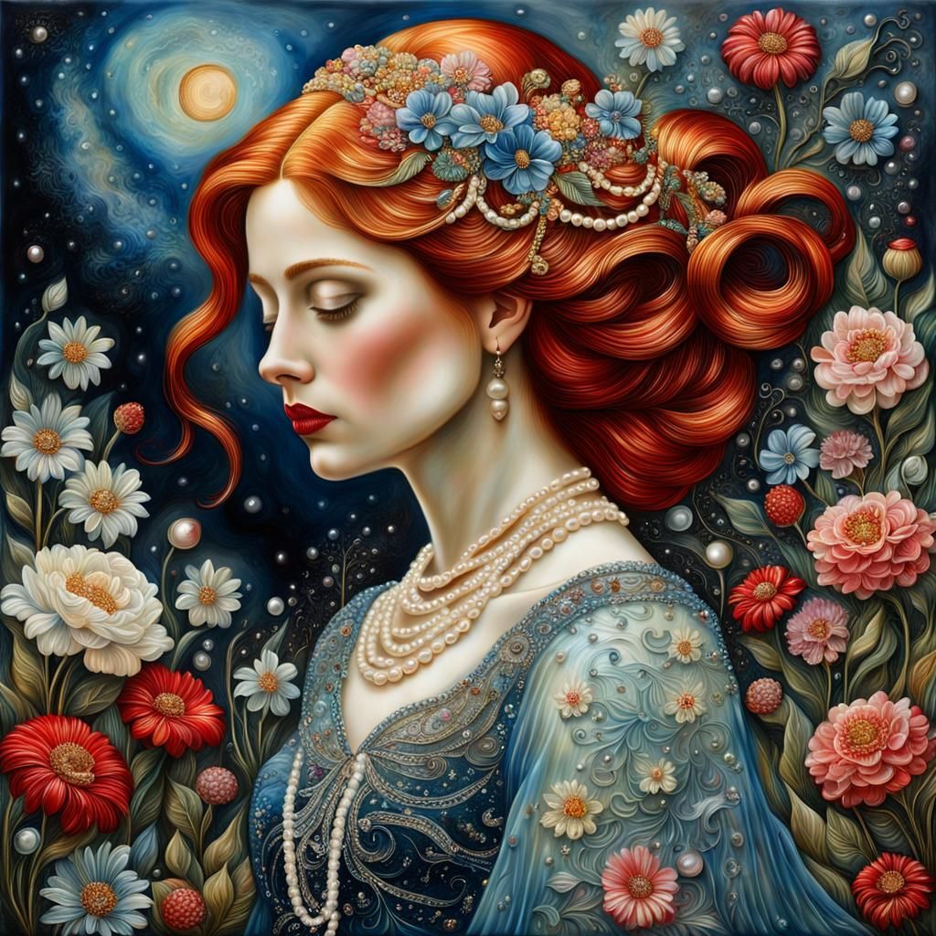 Encaustic Painting: Celestial Garden with Red-Haired Woman